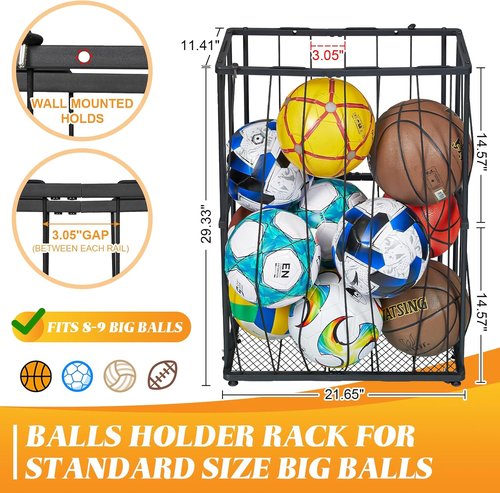 Garage Ball Storage | Wall-Mounted Sports Equipment Organizer - Elastic Rope Holder for Basketball, Soccer, Volleyball, Football - Black