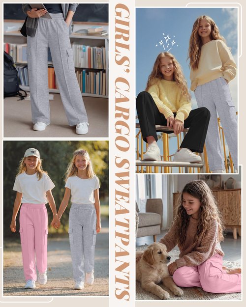 LessonZoo 3 Pack Girls Wide Leg Sweatpants Cargo Pants High Waisted Baggy Causal Loose Kids Elastic Waistband Pants Joggers(Pink, Light Gray, Black,9-10 Years)