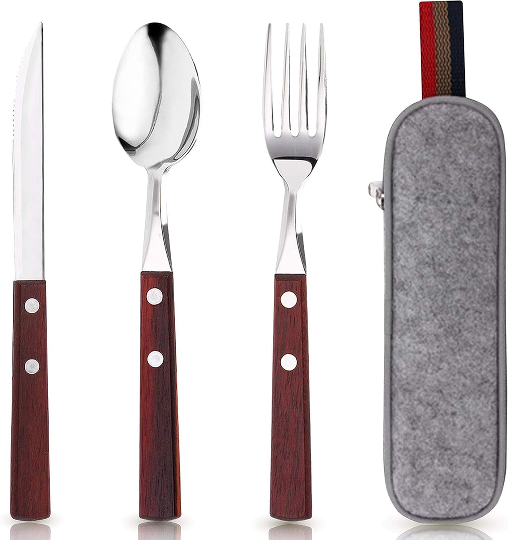 Skiennix Stainless Steel Travel Utensils Set - Eco-Friendly 3-Piece Fork & Spoon with Case