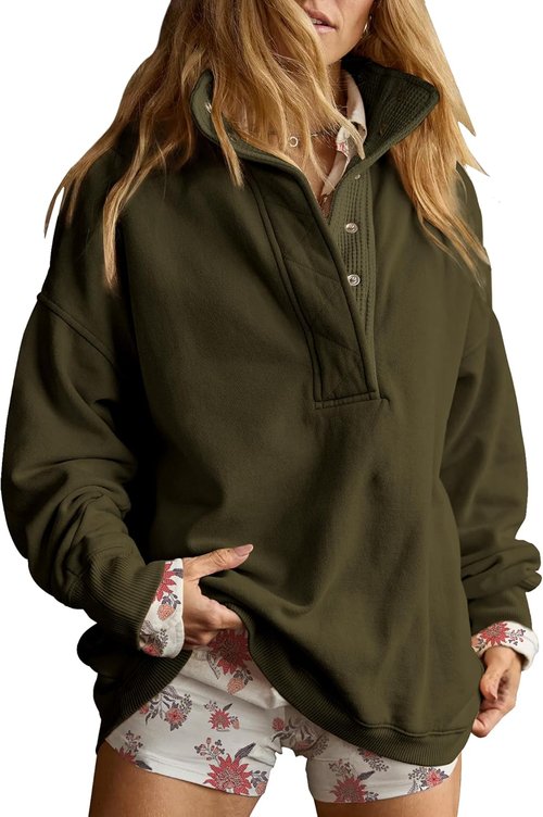 Gacaky Oversized Casual Sweatshirt - Long Sleeve Button Henley Neck Pullover Top for Women