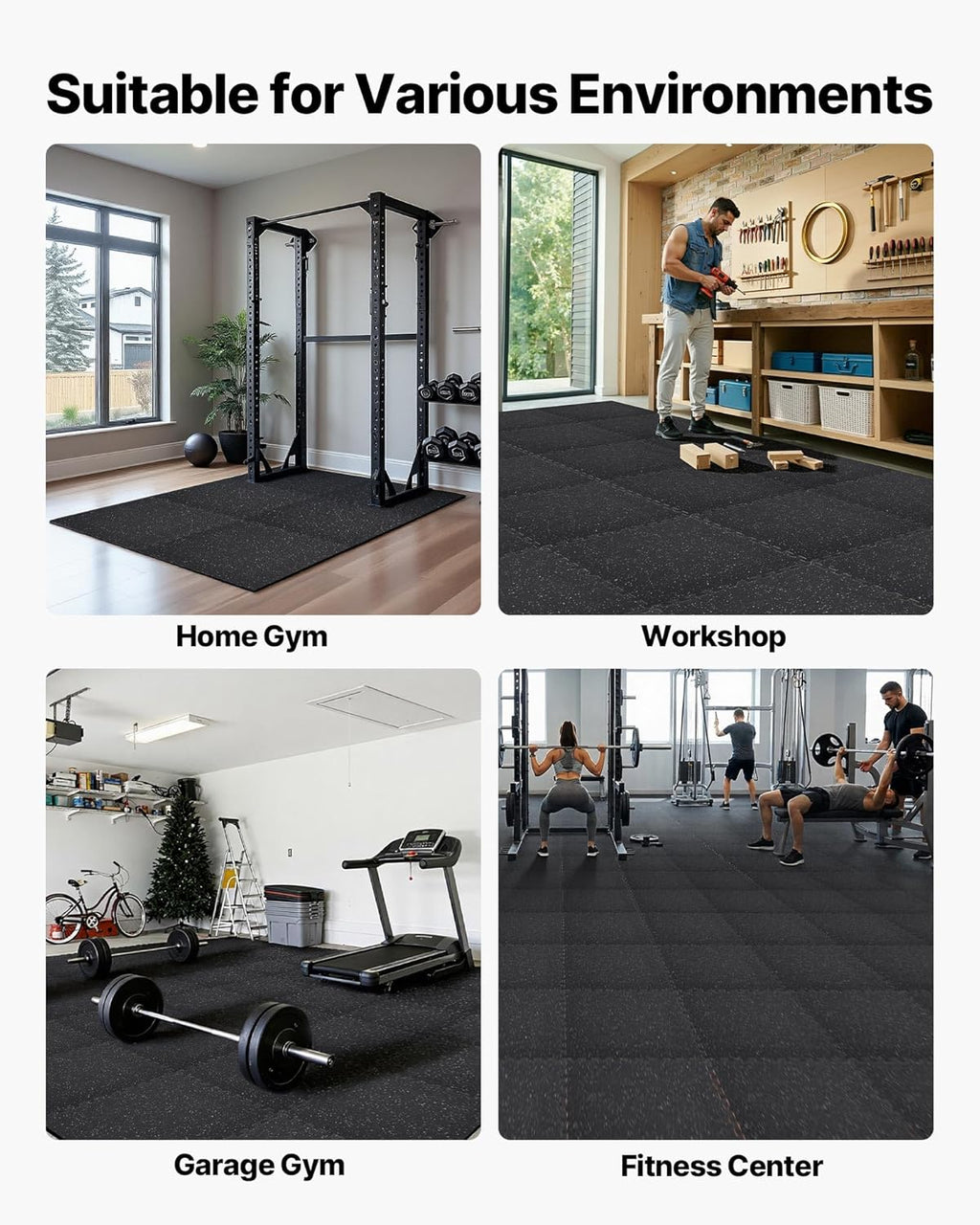 VEVOR Gym Flooring Tiles - 0.4 Inch Thick Interlocking Rubber Mats | 24 x 24 Inch, Black & White, 96 sq.ft