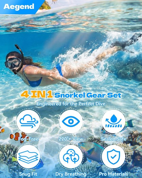 Aegend Snorkeling Gear Set - Anti-Fog Panoramic Mask, Adjustable Fins & Dry Top Snorkel | All-in-One for Adults