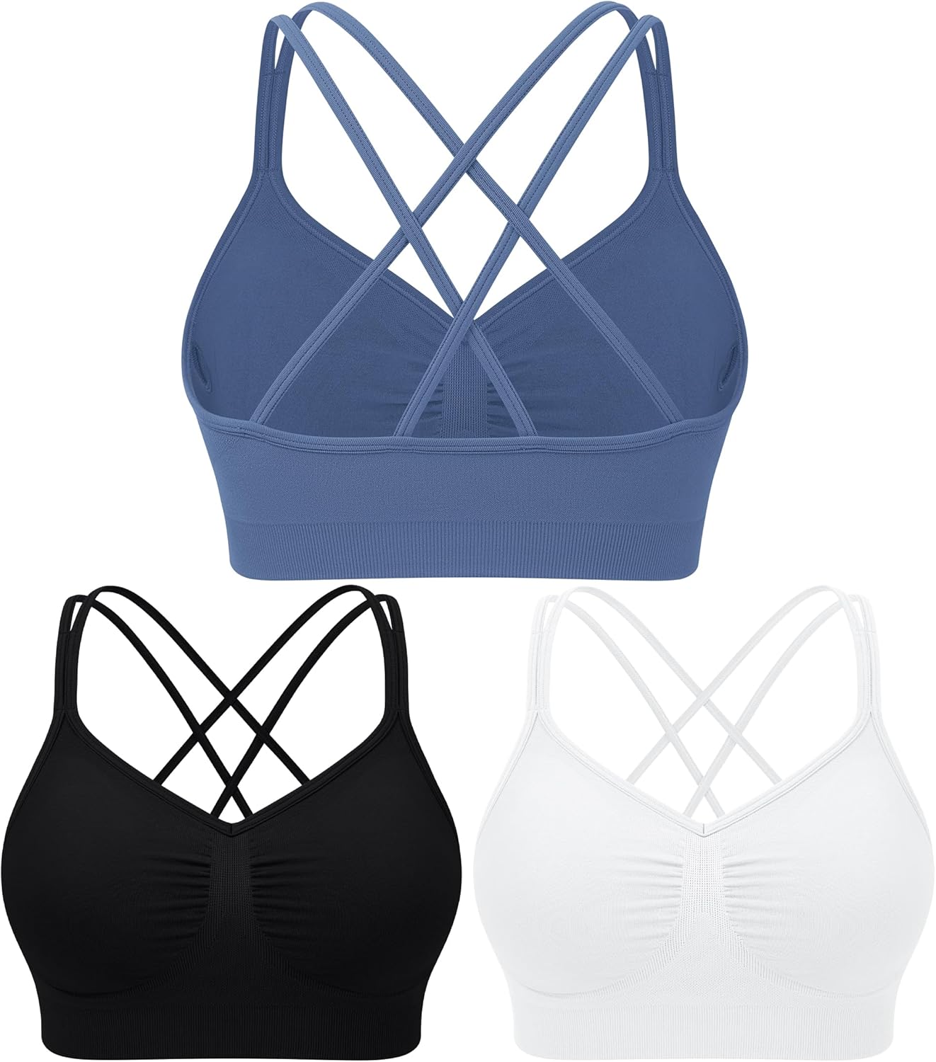 WANAYOU Sports Bras for Women - Padded Medium Support Strappy Cross Back Workout Bra | 3 Pack