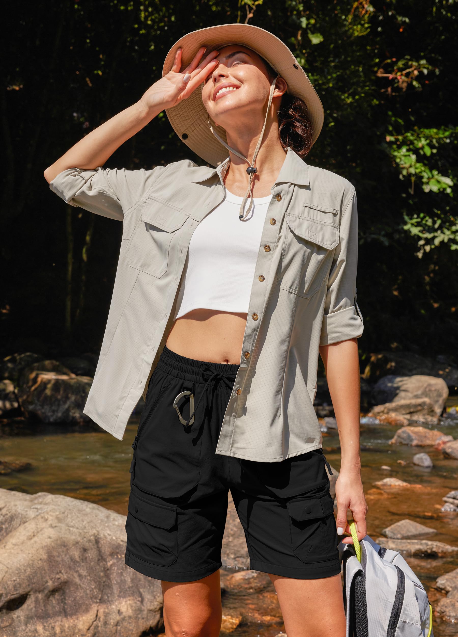 Libin Women's Hiking Long Shorts 7" Quick Dry Cargo Zipper Pockets Water Resistant Bermuda Shorts Lightweight Elastic Waist Loose Fit UPF 50+, Black L