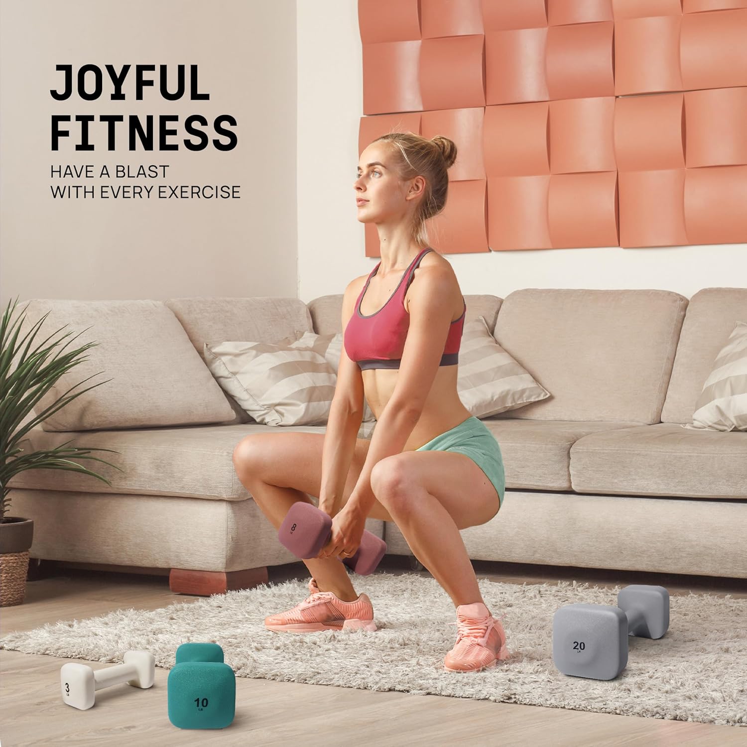 Yes4All Square Neoprene Dumbbell Set | Anti-Roll, Anti-Slip Hand Weights for Home Gym | 2lb - 20lb, 4 Colors
