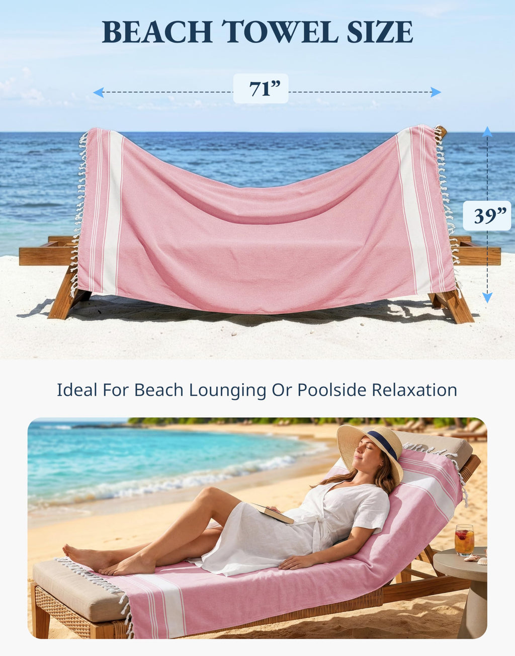 LANE LINEN Turkish Beach Towel Set of 4 - Beach Towels, Pre-Washed Pool Towel, Extra Large Beach Towel, Quick Dry & Sand Free, Absorbent Travel Towel, 39"x71" - Candy Pink