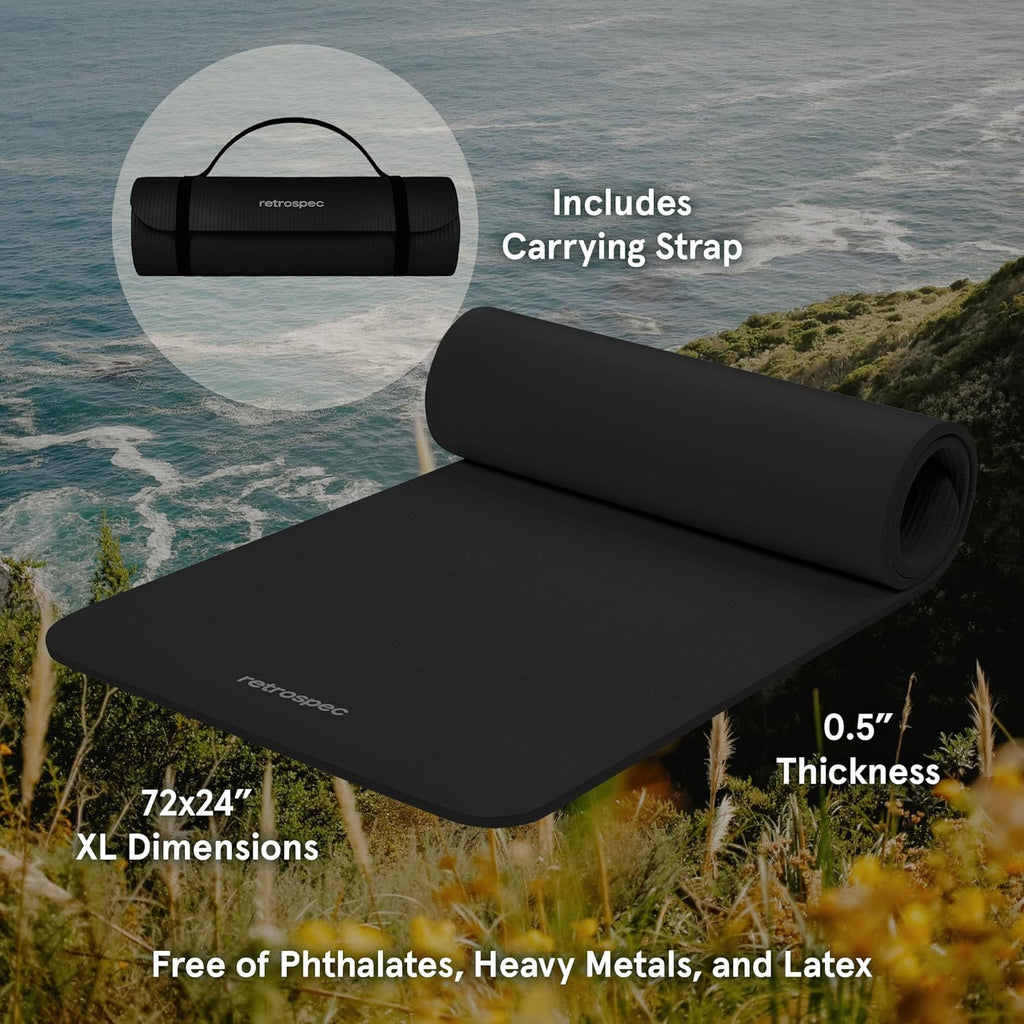 Retrospec Solana Yoga Mat Thick 1/2in Non-Slip Workout Mat with Nylon Strap - 72x24in Exercise Mat for Pilates, Stretching & Fitness - BPA Free, Easy Clean
