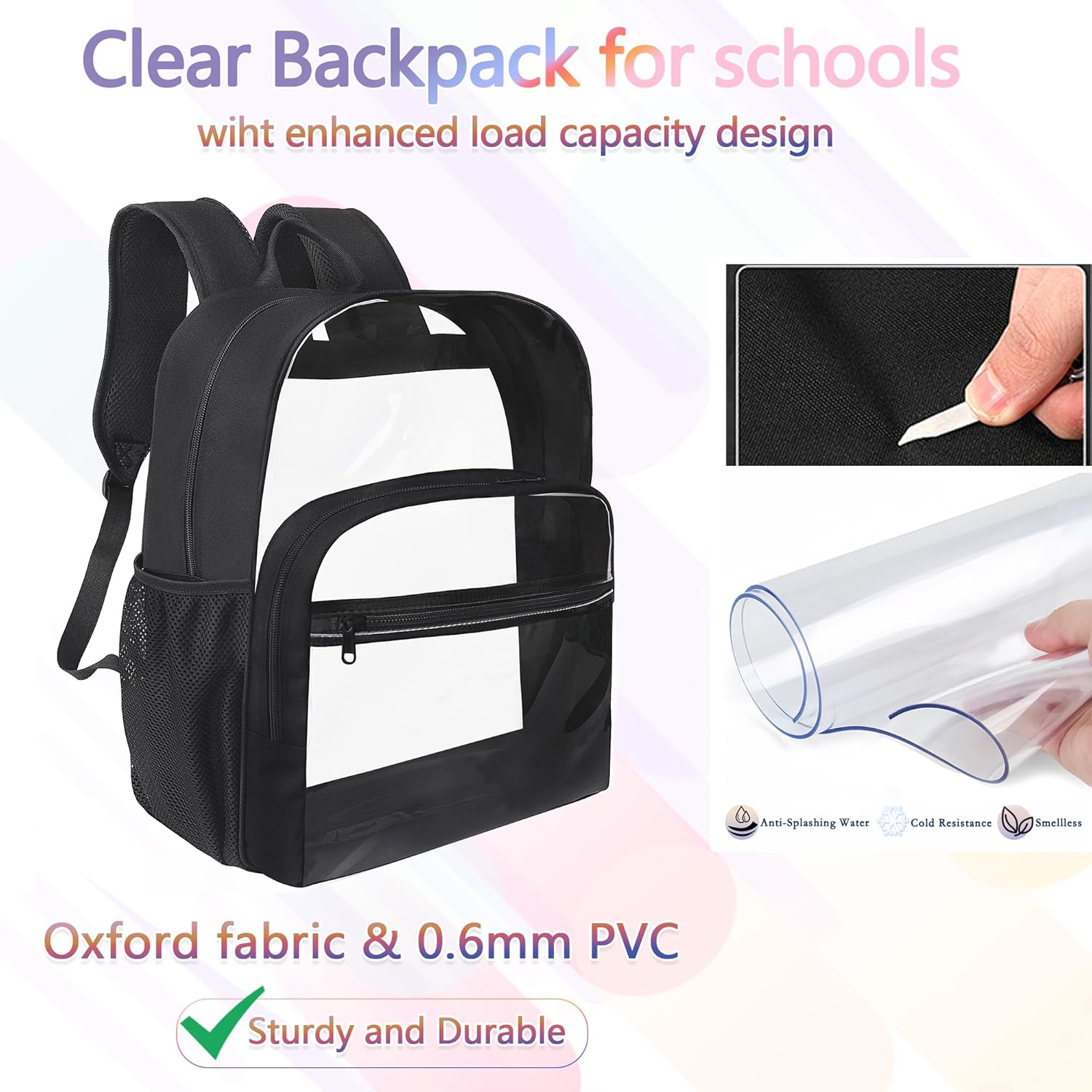 Skiennix Clear Backpack - Heavy Duty Transparent Bookbag for School | 18-Inch Black PVC Design