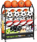 Homeiju Sports Equipment Organizer - Ball Storage Rack with Wheels & Hooks | Indoor/Outdoor Black Shelf