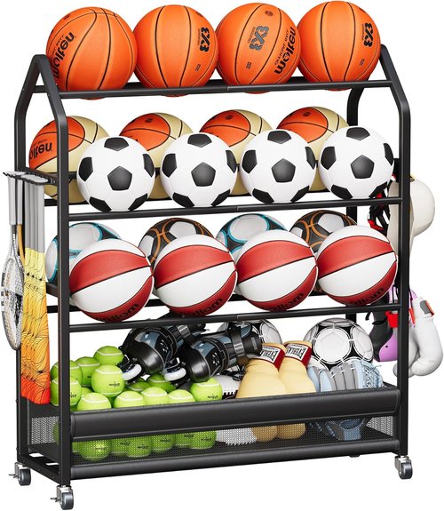 Homeiju Sports Equipment Organizer - Ball Storage Rack with Wheels & Hooks | Indoor/Outdoor Black Shelf