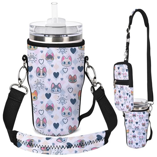 AUPET Water Bottle Holder Carrier Bag fit for 30/20 /14 oz Stanley Flowstate IceFlow Yeti Tumbler,Cup Accessories Sleeve Sling with Phone Pouch & Strap (Cute cat Heart, fit for Tumbler 20oz)
