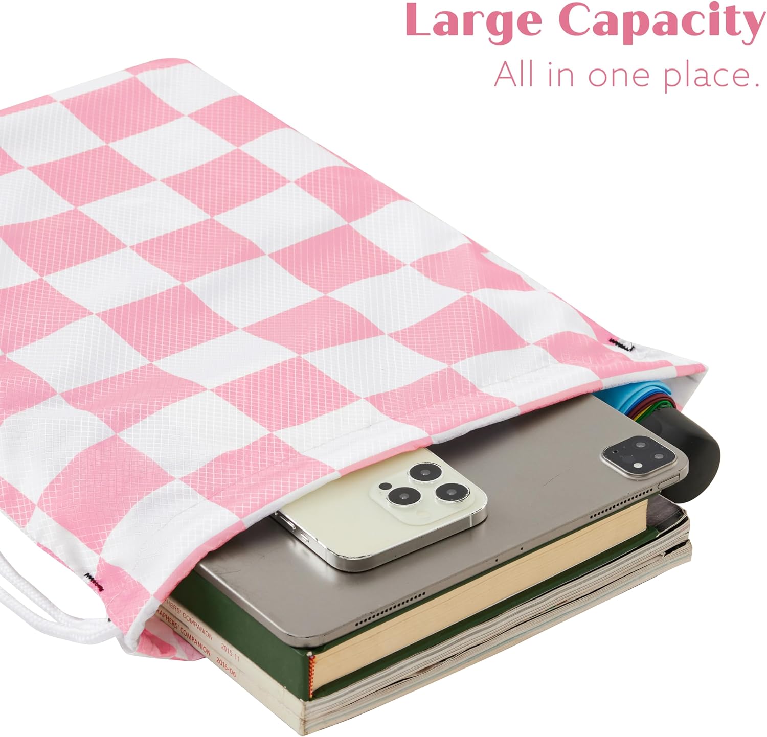 Skiennix Pink Checkered Drawstring Backpack - Cute Vintage Design | Waterproof Gym Sackpack (2 Pack)