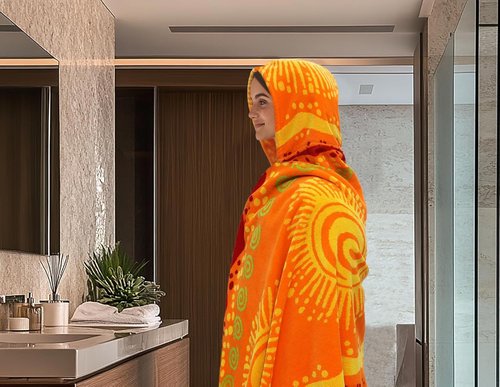 COTTON CRAFT Oversized Hooded Beach Towel - XXL 35x84 Soft Cotton Velour - Sunshine Orange Yellow