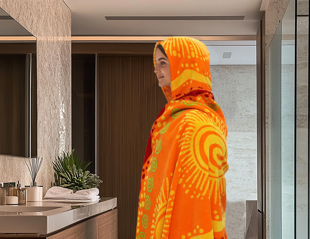 COTTON CRAFT Hooded Beach Towel – Oversized 39 x 68 Towel with Hood for Adults - 100% Cotton Velour Terry Jacquard Towel - Pool Bath Wrap - 450 GSM Soft Absorbent Quick Dry – Sunshine Orange Yellow