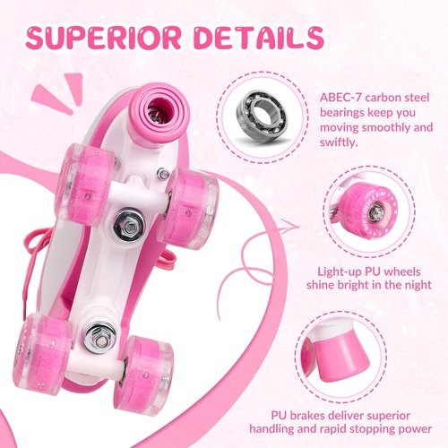 METROLLER Classic Roller Skates Girls Ages 8-12 Women's Quad Skates with Light up Wheels, High-top PU Leather Indoor Recreational Skates