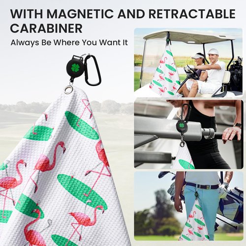 GKandi Golf Towels for Golf Bags Value 2 Pack 21"x16" and 12"x8" Set with Strong Magnetic Retractable Carabiner Microfiber Waffle Pattern Towel Lightweight Absorbent Gift for Women Ladies (Flamingo)