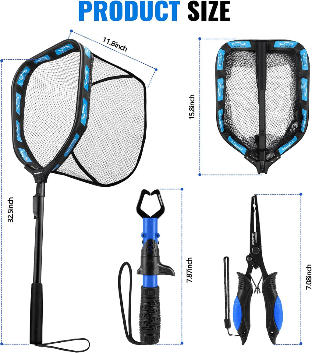 PLUSINNO Floating Fishing Net - Rubber Coated, Foldable Design with Telescoping Handle | Ideal for Steelhead, Salmon, Bass, and Trout Fishing
