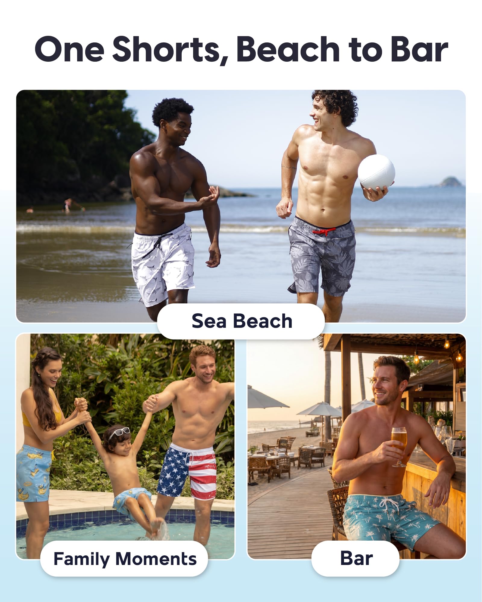 maamgic Mens Swim Trunks 9" with Zipper Pockets, Quick Dry Board Shorts, 4-Way Stretch Compression Lined Bathing Suits, Effortless Flex for Beach, Vacation, Cruise Coconut Tree Gradient Blue Large