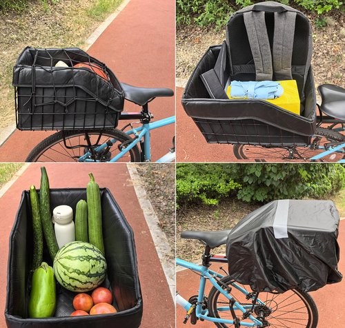 THALOUS Large Bike Rear Basket Thickened Folding Bicycle Basket with Leather Liner Bag Waterproof Cover Cargo Net Quick Release