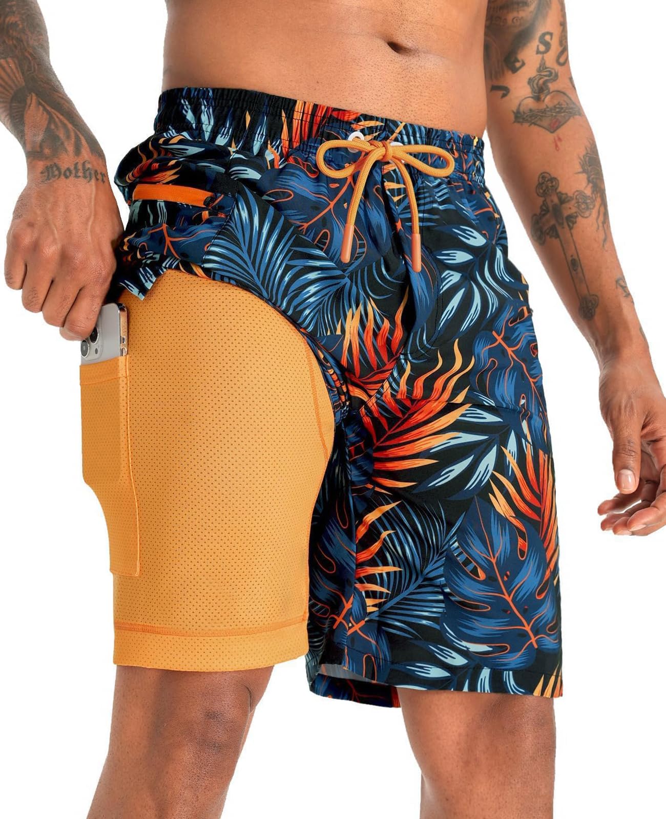 APTRO 2 in 1 Men's Swim Trunks 9" with Zipper Pockets Bathing Suit Built-in Board Shorts Swimwear Long Shorts Palm Orange 1X