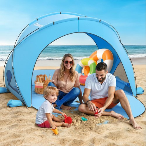 Raynesys Beach Tent Sun Shelter for 1-3 Person, Portable Sun Shelter, Sun Shade Tents with 2 Zippered Doors, Cool Cabana for Sand Camping, Blue