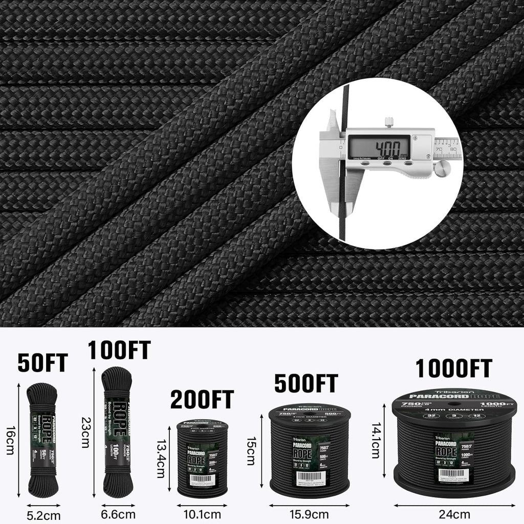 Paracord Rope 750 lb - 200ft Heavy Duty 12-Strand Parachute Cord | Black Survival & Camping Gear