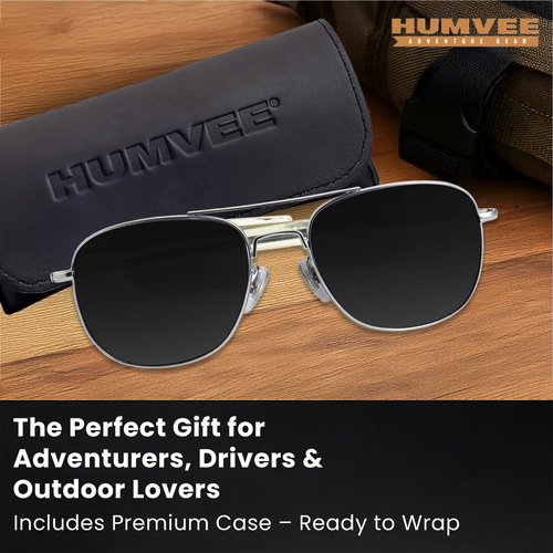 CampCo Humvee Pilot Sunglasses - Polarized Aviator Sunglasses Bayonette, 57mm, Matte Silver Frame, Gray Polarized Lens