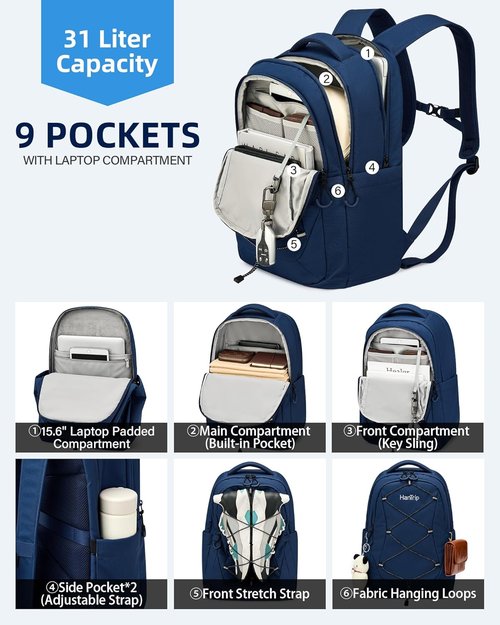 HanTrip Travel Laptop Backpack - Large Water-Resistant Commuter Bag with Reflective Straps | Navy Blue