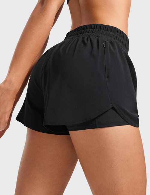INGIA 2 in 1 High Waisted Running Shorts for Women 3" Quick Dry for Sport Athletic Workout with Zipper Pocket Black Small