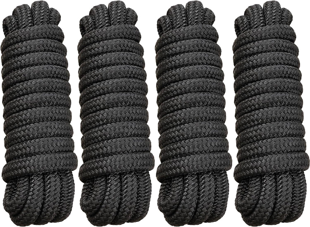 Boat Dock Lines - Premium 5/8" x 15' Double Braided Nylon Ropes | Marine-Grade Strength, Easy Handling - 4 Pack, Black