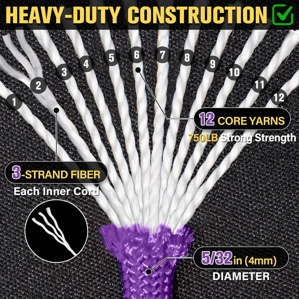 Paracord 750 lb - 1000ft 5/32" Heavy Duty Parachute Cord | Durable Survival & Camping Gear - Purple