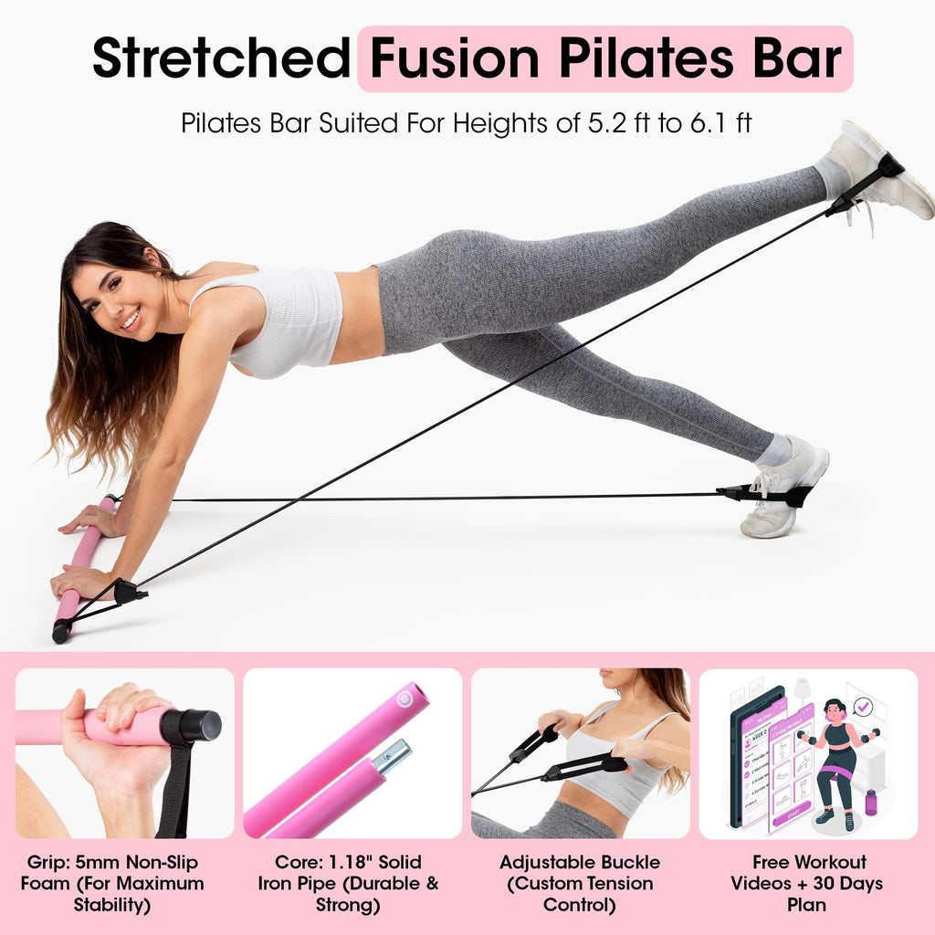 Stretched Fusion Pilates Bar Kit with Resistance Band for Home Workouts | Multifunctional Home Pilates Kit Set for Women & Men | Workout Bar for Legs, Hip, Waist and Arm, Includes 3 Bonuses