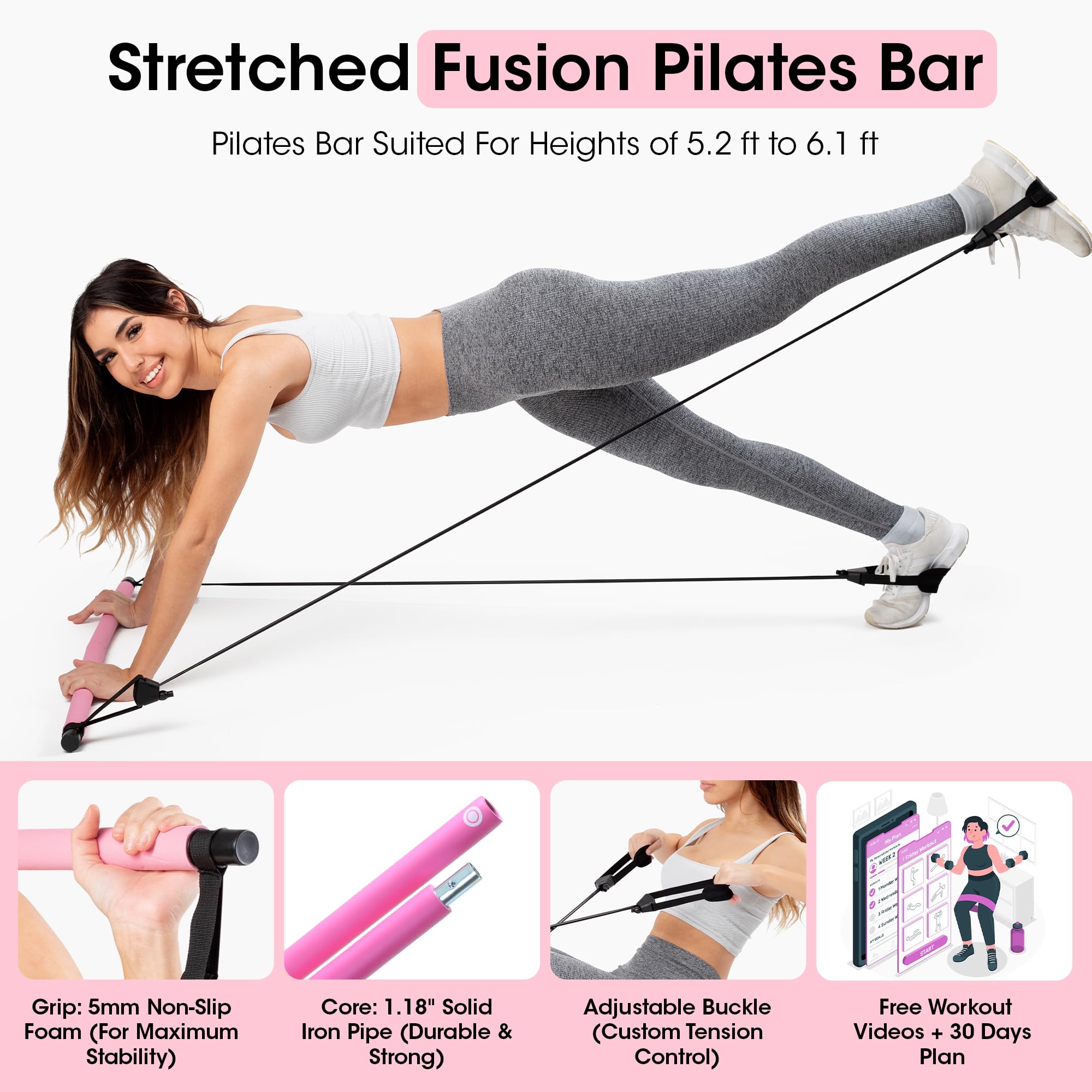 Stretched Fusion Pilates Bar Kit with Resistance Band for Home Workouts | Multifunctional Home Pilates Kit Set for Women & Men | Workout Bar for Legs, Hip, Waist and Arm, Includes 3 Bonuses