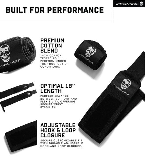Gymreapers Weightlifting Wrist Wraps (Competition Grade) 18" Professional Quality Wrist Support with Heavy Duty Thumb Loop - Best Wrap for Powerlifting, Strength Training, Bodybuilding(Black,18")