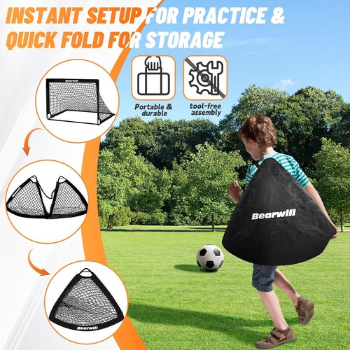 Bearwill Soccer Goal - Portable Kids Soccer Goals Set of 2 | 4x3ft Pop Up Net with Training Equipment