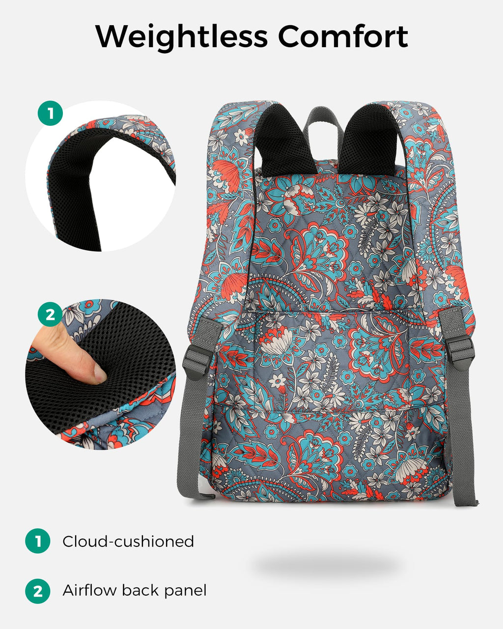 Searock Quilted Backpack for Women, Floral Backpack for Girls, Cotton Lightweight Bookbag for Travel, Work Black