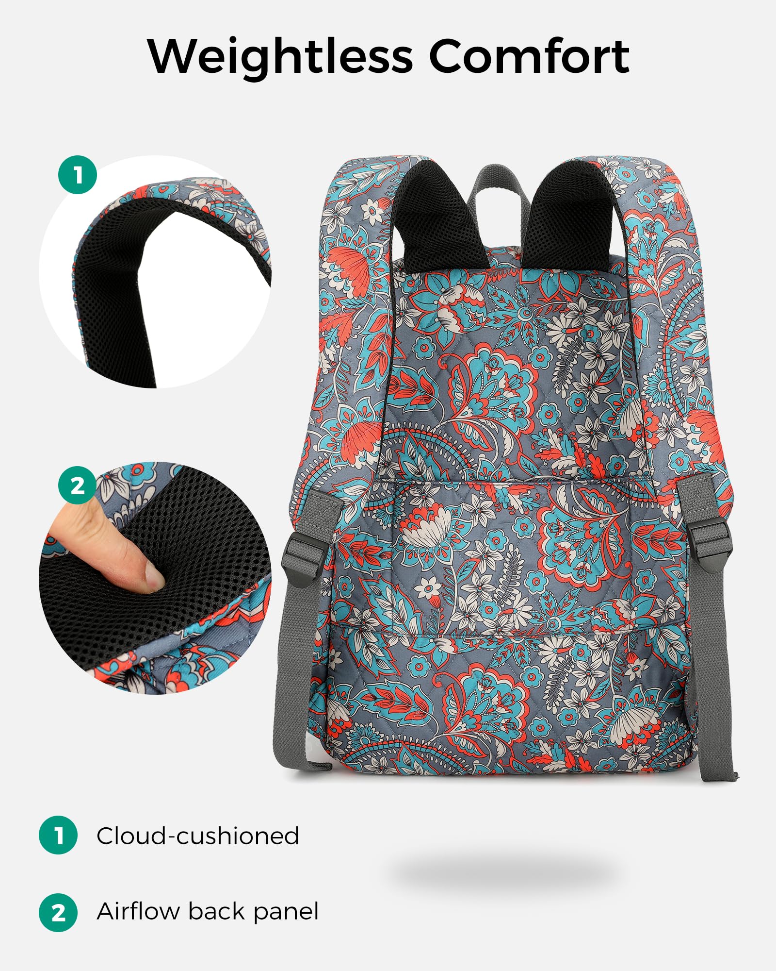 Searock Quilted Backpack for Women, Floral Backpack for Girls, Cotton Lightweight Bookbag for Travel, Work Black