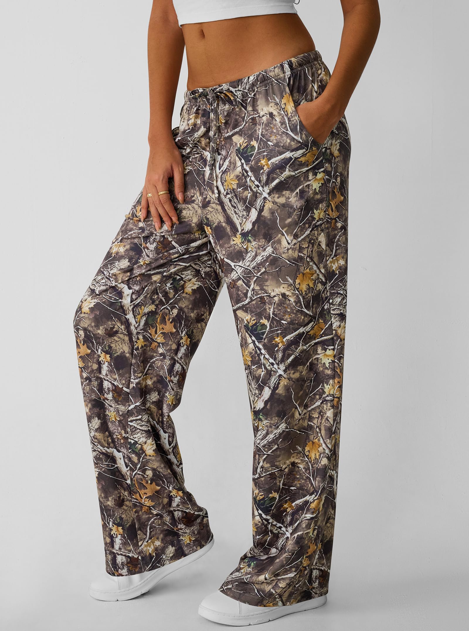 SOFIA'S CHOICE Women's Camo Sweatpants Baggy Pants Y2k Wide Leg Low Rise Sweatpants Camo Green X-Large