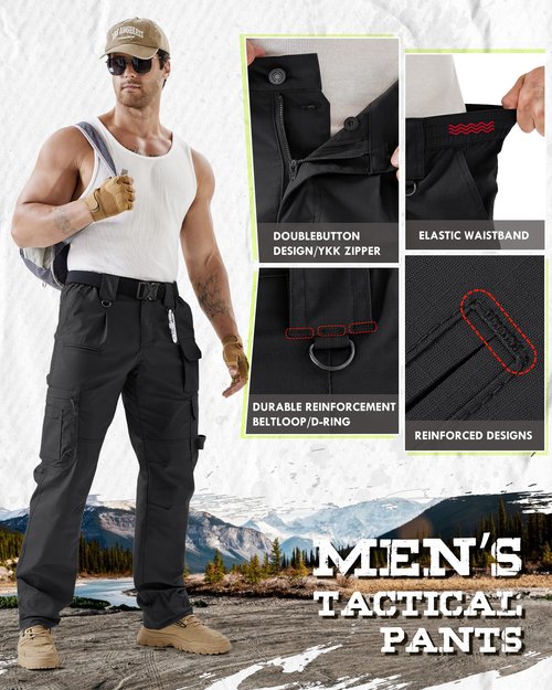 IGOLUMON Men's Stretch Tactical Work Pants, Breathable Ripstop Cargo Pants with 15 Pockets, Construction EDC Hiking Pants Black
