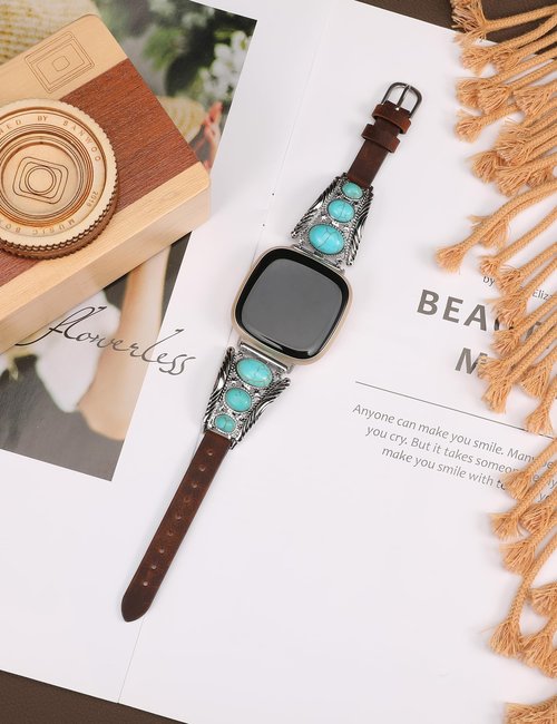 Minyee Leather Band Compatible with Fitbit Versa 4/Versa 3/Sense 2/Sense Band Women, Western Turquoise Boho Vintage Cowboy Retro Jewelry Adjustable Slim Replacement Wristband Strap for Versa 4