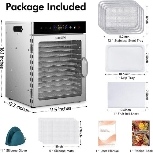 Food Dehydrator Machine - Skiennix 12 Stainless Steel Trays | 1000W with 24H Timer & 195℉ Control for Jerky, Fruits, & Herbs