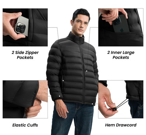 Gopune Men's Lightweight Puffer Jacket Detachable Hooded Water Resistant Puffy Winter Down Jackets for Snow Ski Travel,Black 3XL