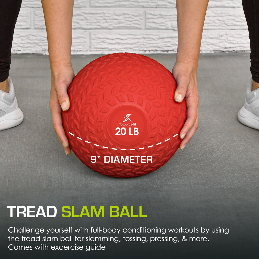 ProsourceFit Slam Medicine Ball, Tread Textured Grip Dead Weight Balls for Strength and Conditioning Exercises, Cardio and Core Workouts, 20lb, Red