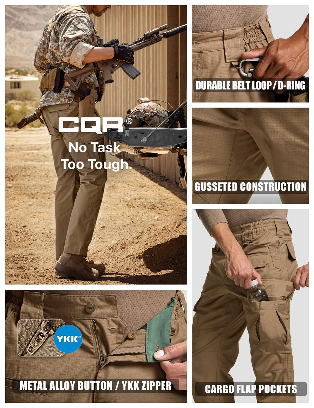 CQR Men's Tactical Pants, Water Resistant Ripstop Cargo Pants, Lightweight EDC Work Hiking Pants, Outdoor Apparel, Raider Mag Cougar, 28W x 30L