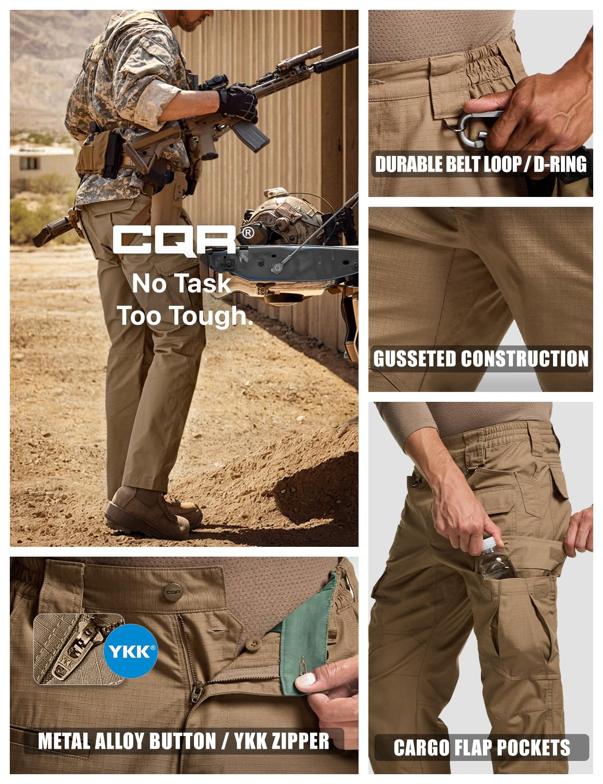 CQR Men's Tactical Pants, Water Resistant Ripstop Cargo Pants, Lightweight EDC Work Hiking Pants, Outdoor Apparel, Raider Mag Cougar, 28W x 30L