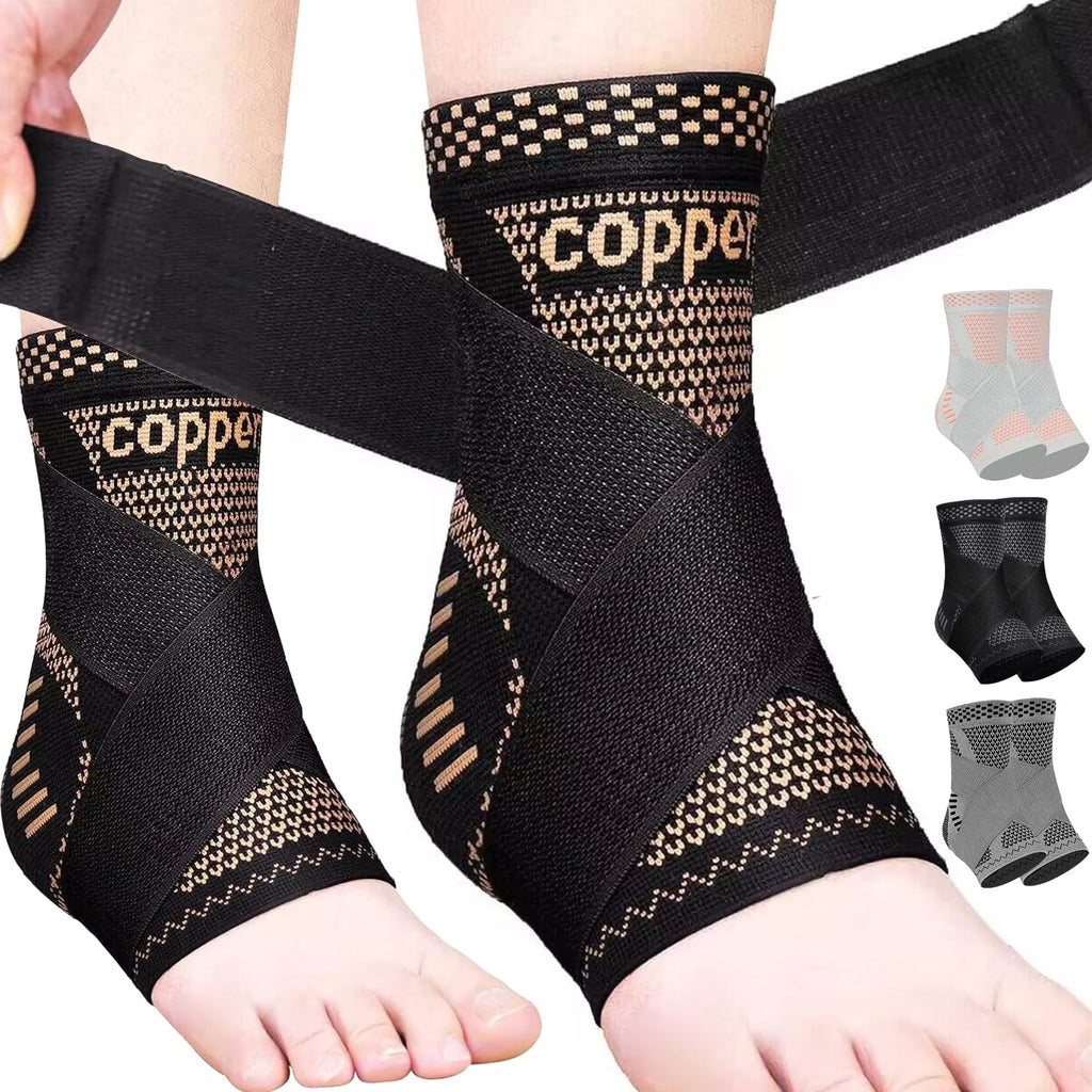JIUFENTIAN Copper Ankle Brace Adjustable Compression Sleeve (Pair)-Ankle Support Heel Brace for Achilles Tendonitis, Plantar Fasciitis-Eases Swelling and Sprained Ankle(Large)
