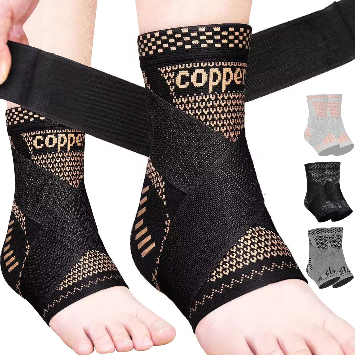 JIUFENTIAN Copper Ankle Brace Adjustable Compression Sleeve (Pair)-Ankle Support Heel Brace for Achilles Tendonitis, Plantar Fasciitis-Eases Swelling and Sprained Ankle(Large)