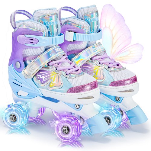 Roller Skates for Girls Boys, 4 Size Adjustable Roller Skates for Kids Toddler Youth with All Light up Wheels, Beginner Girls Skates Birthday Holiday Gifts for Indoor Outdoor (Small, Purple Blue)