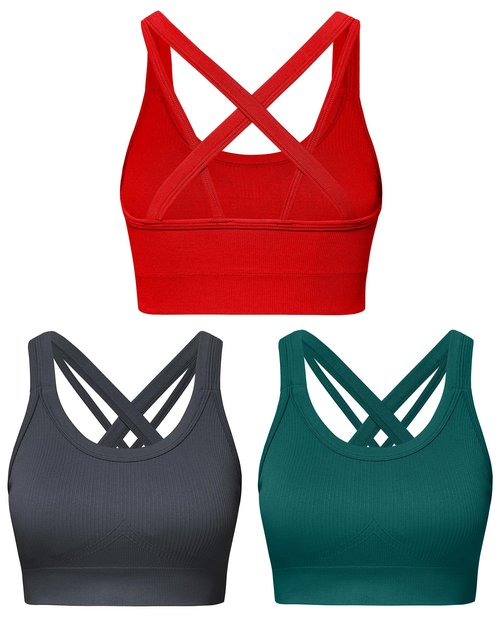 Nikuja Sports Bras for Women,Strappy Running Sports Bras for Women High Support with Removable Pads 3 Pack(0001_Red+Grey+Quetzal Green_L)