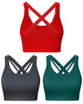 Nikuja Sports Bras for Women,Strappy Running Sports Bras for Women High Support with Removable Pads 3 Pack(0001_Red+Grey+Quetzal Green_L)
